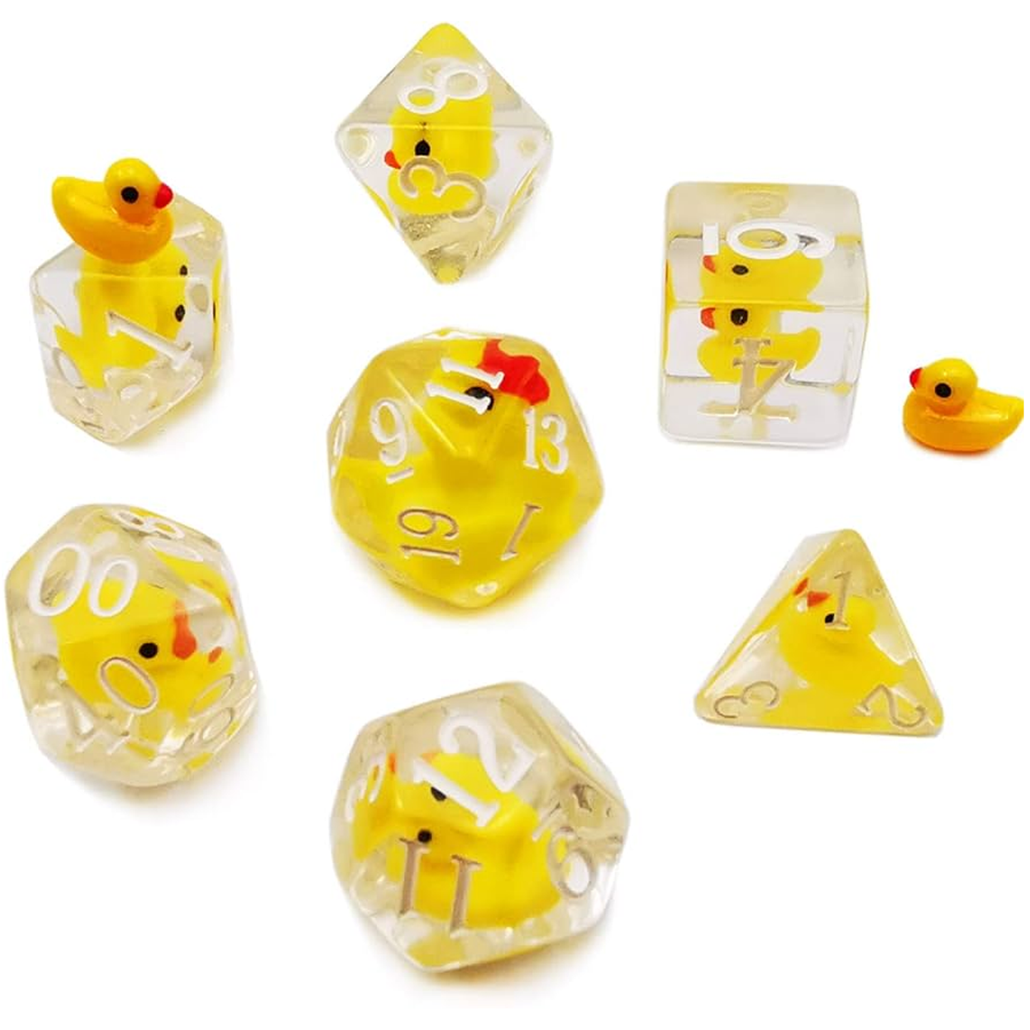Rubbery Ducky Dice! Miniature Yellow Duck Filled Polyhedral Dice Set in a Circle on a White Background | Happy Piranha