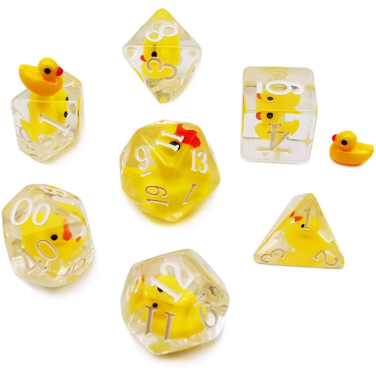Rubbery Ducky Dice! Miniature Yellow Duck Filled Polyhedral Dice Set in a Circle on a White Background | Happy Piranha