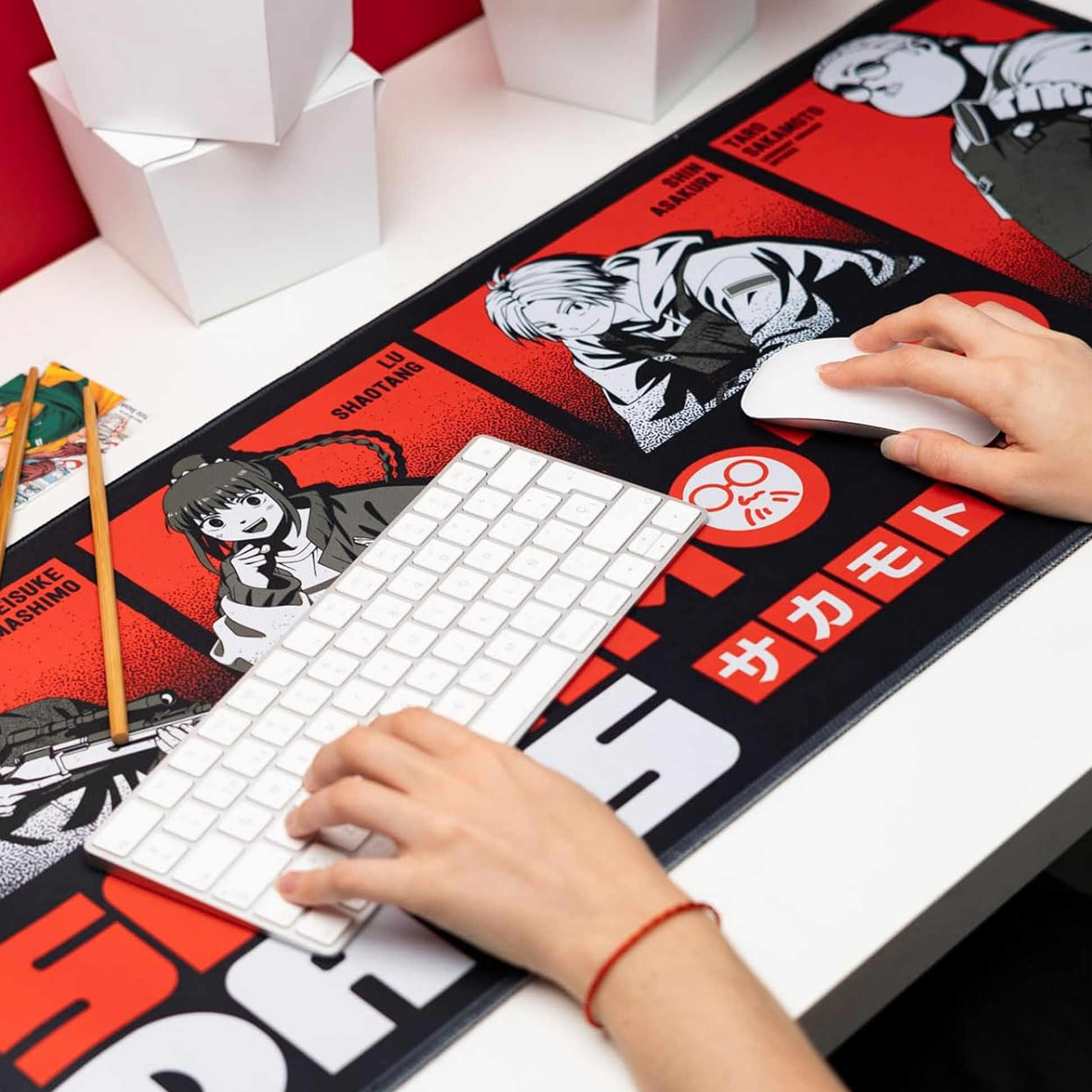 Sakamoto Days XXL Anime Mouse Pad & Keyboard Mat being used on a Desk with a Keyboard and Mouse | Happy Piranha