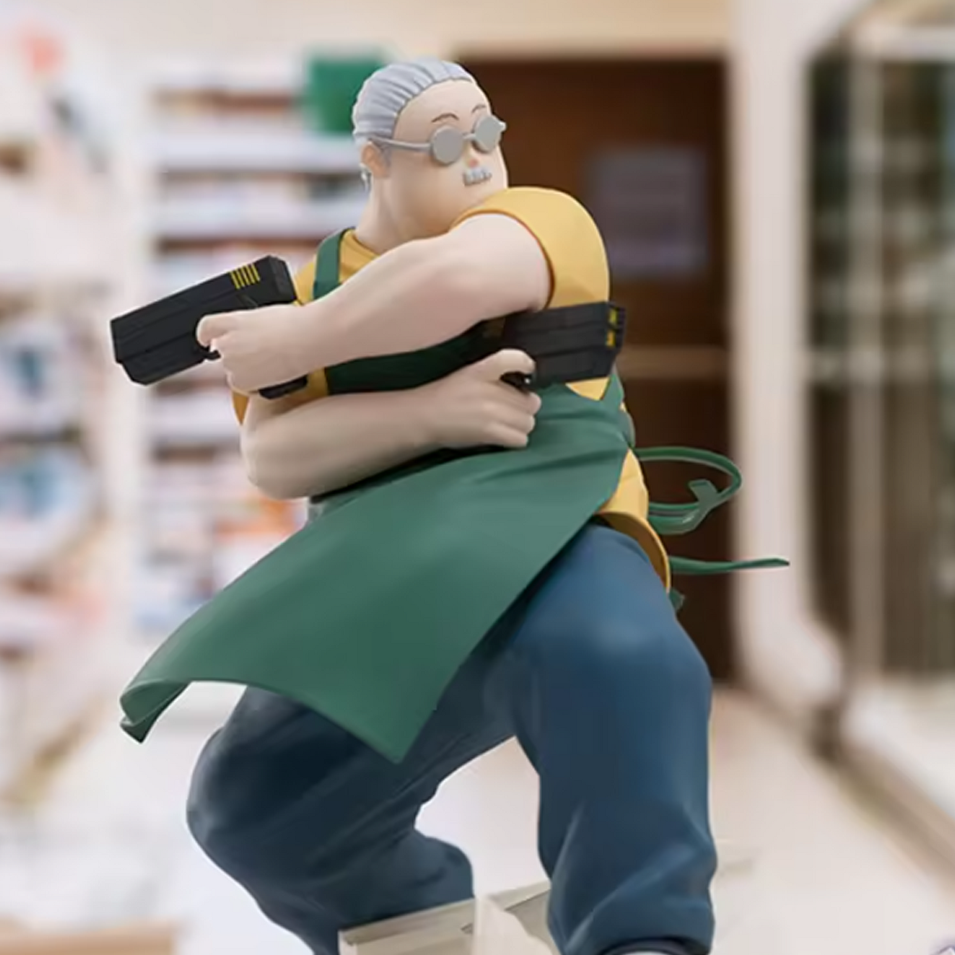 Sakamoto Days: Taro Shop Manager Ver. Luminista Figure (Front View) On a Supermarket Background | Happy Piranha