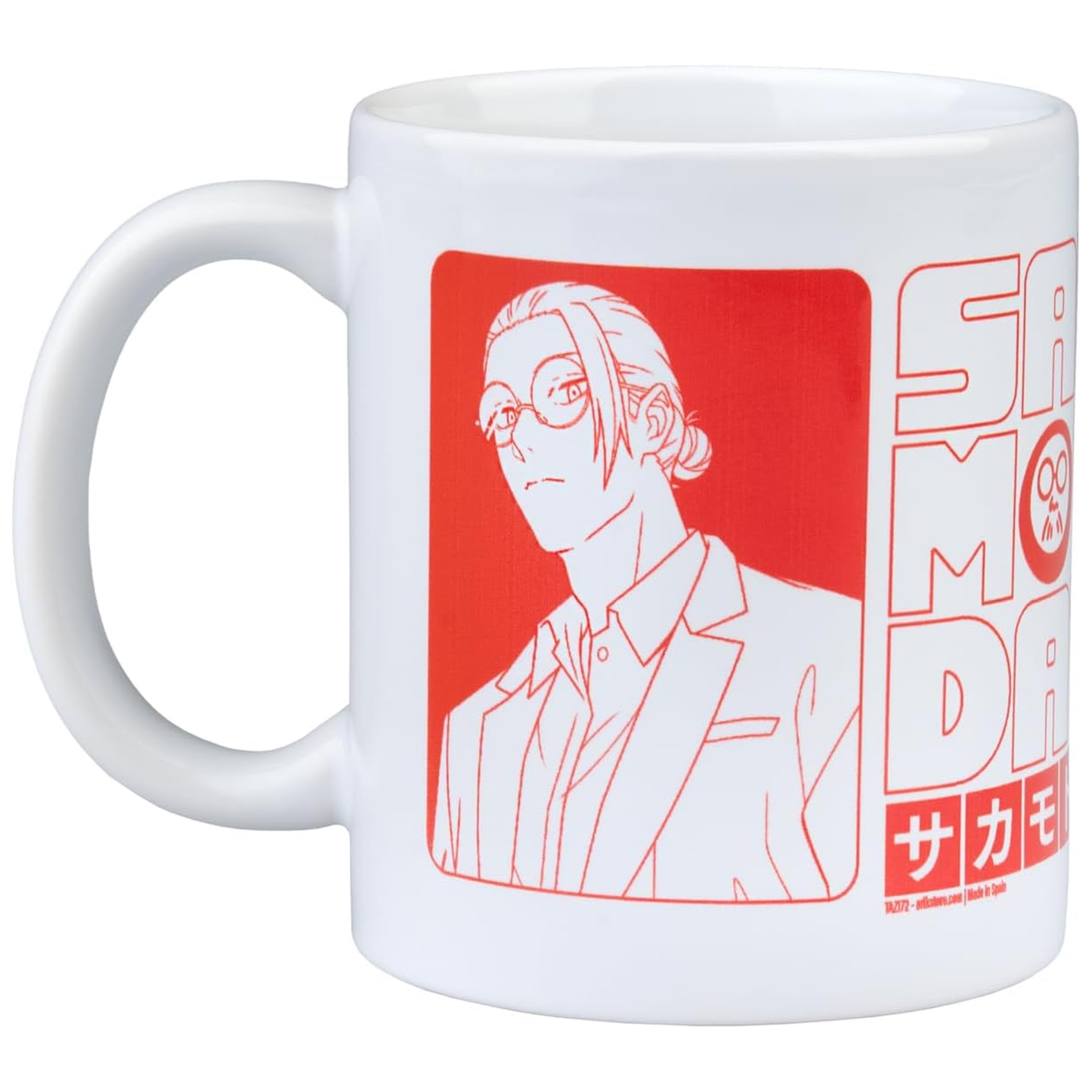 A Red and White Sakamoto Days 350ml Ceramic Mug (Back) | Happy Piranha