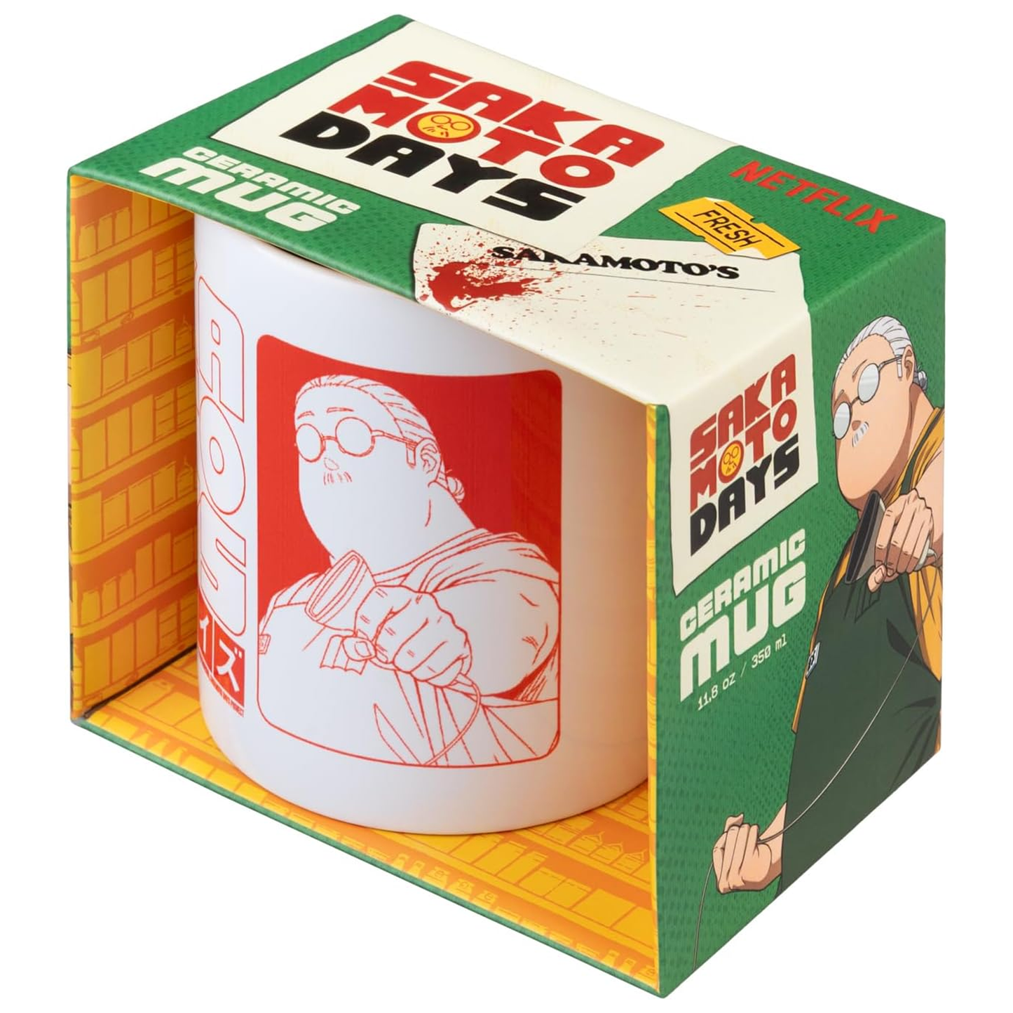 A Red and White Sakamoto Days 350ml Ceramic Mug in a Colourful Cardboard Box | Happy Piranha