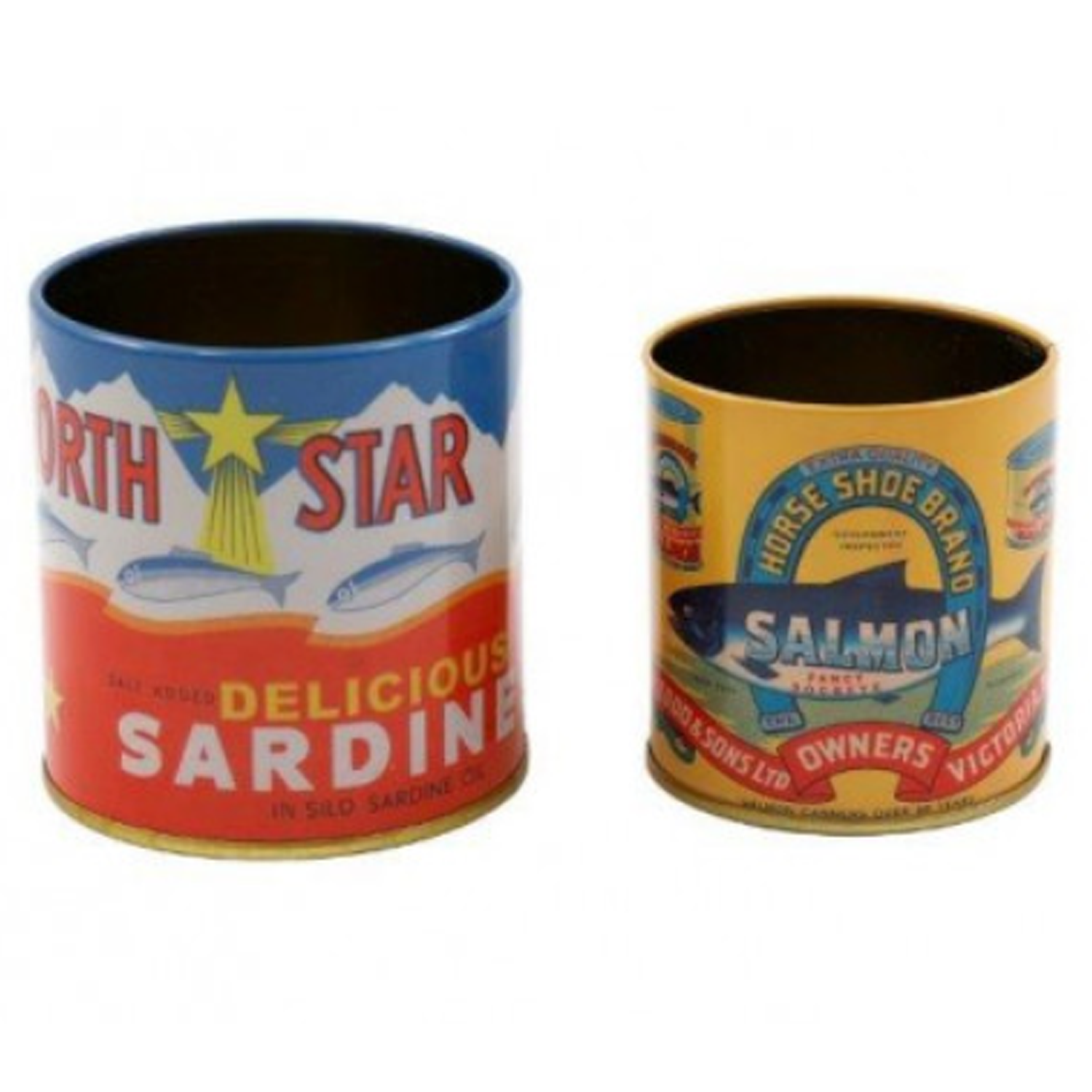 Vintage Salmon & Sardine Signage Mini Storage Tin Pair on a White Background | Happy Piranha