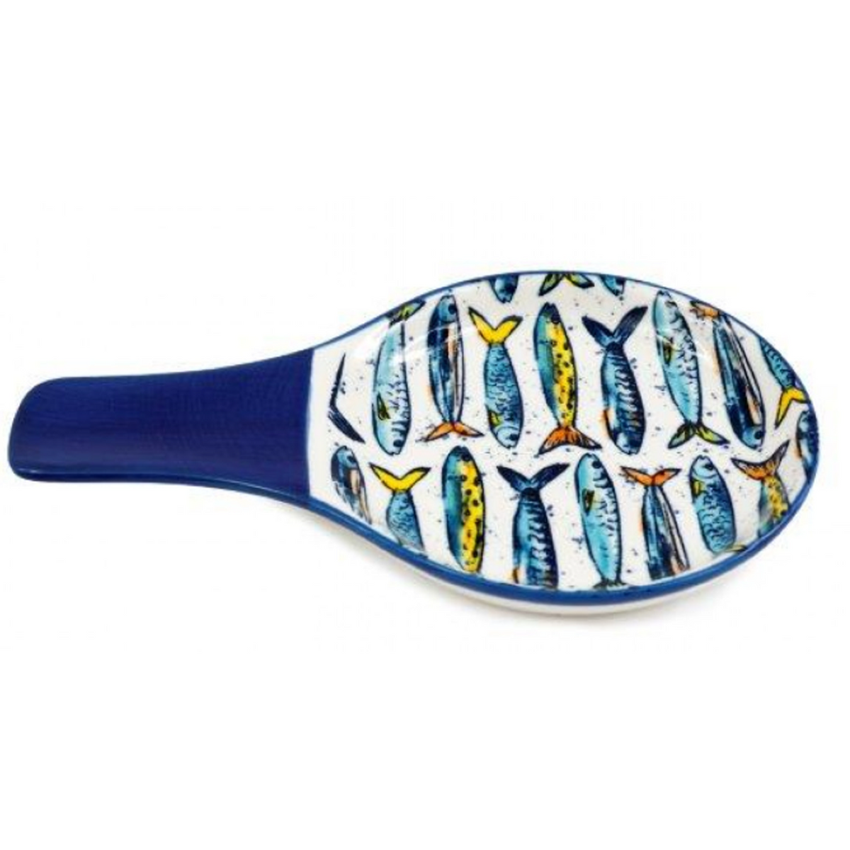 Colourful Sardine Fish Print Ceramic Spoon Rest on a White Background | Happy Piranha
