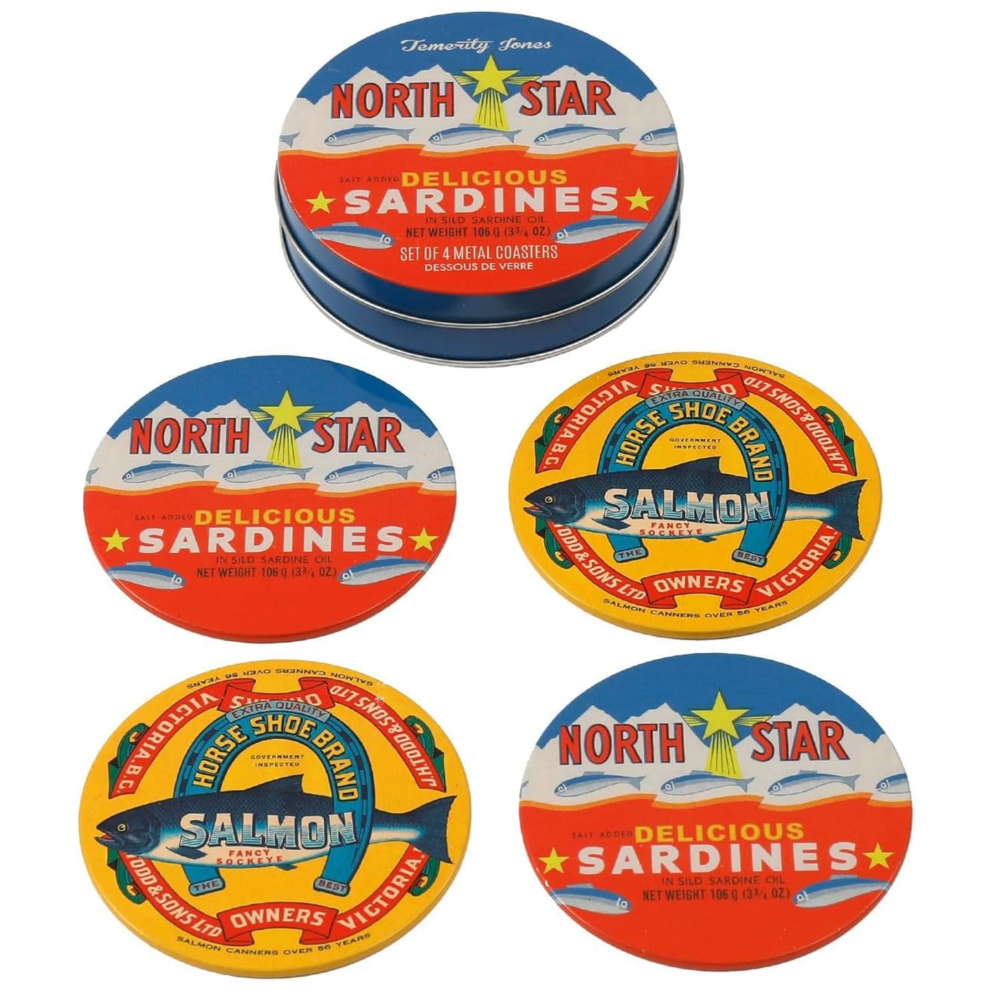 Vintage Salmon & Sardine Signage Tin Coaster Set on a White Background | Happy Piranha