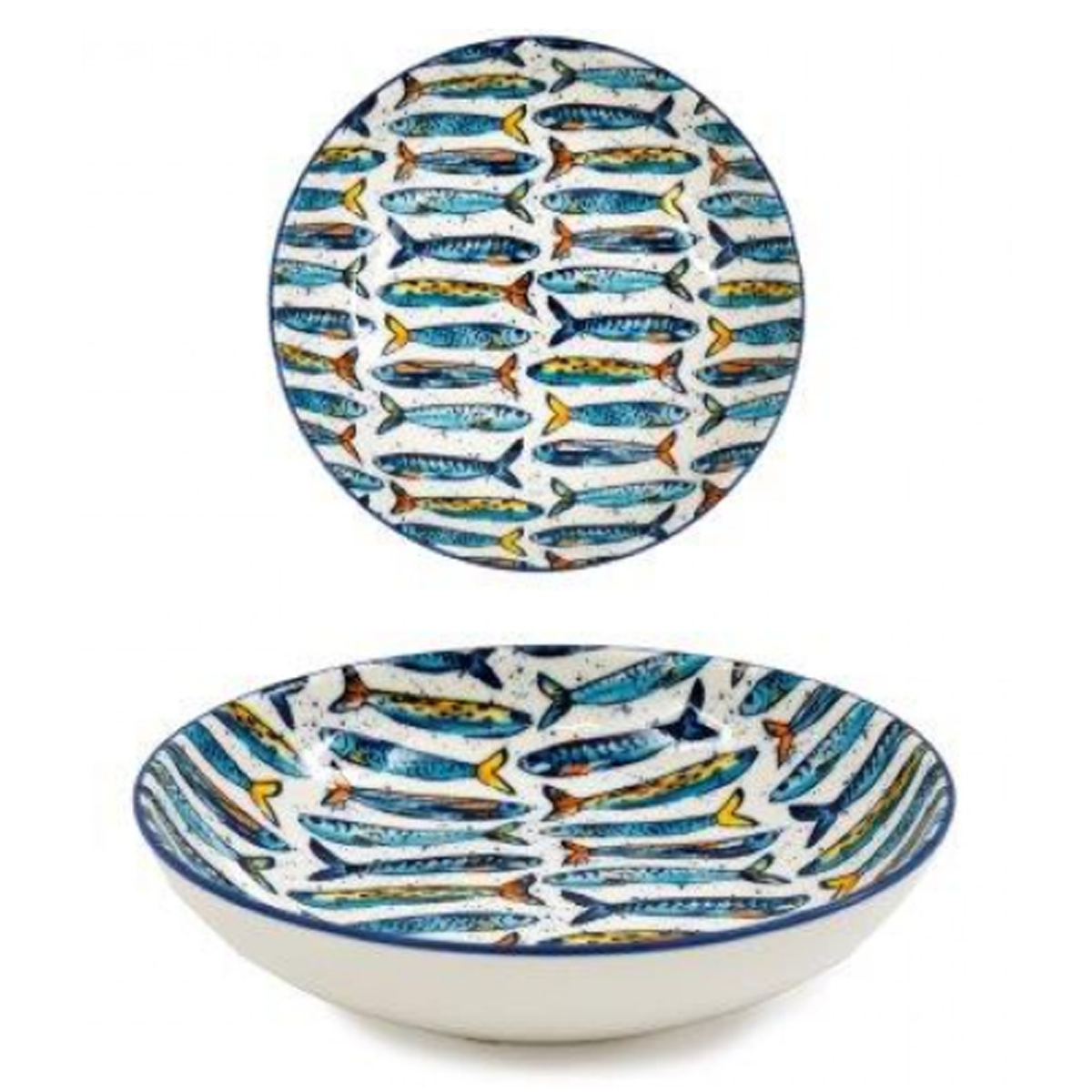 Colourful Sardine Fish Print Ceramic Bowl (Front & Side View) On a White Background | Happy Piranha