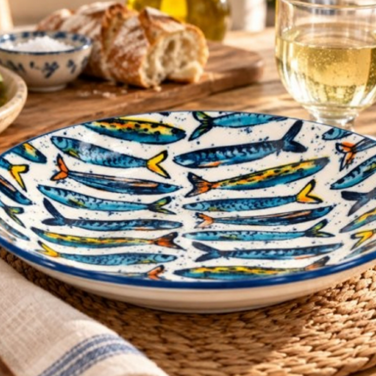 Colourful Sardine Fish Print Ceramic Dessert Plate 16 x 4cm on a Wooden Table Next to a Drink and a Loaf of Bread | Happy Piranha