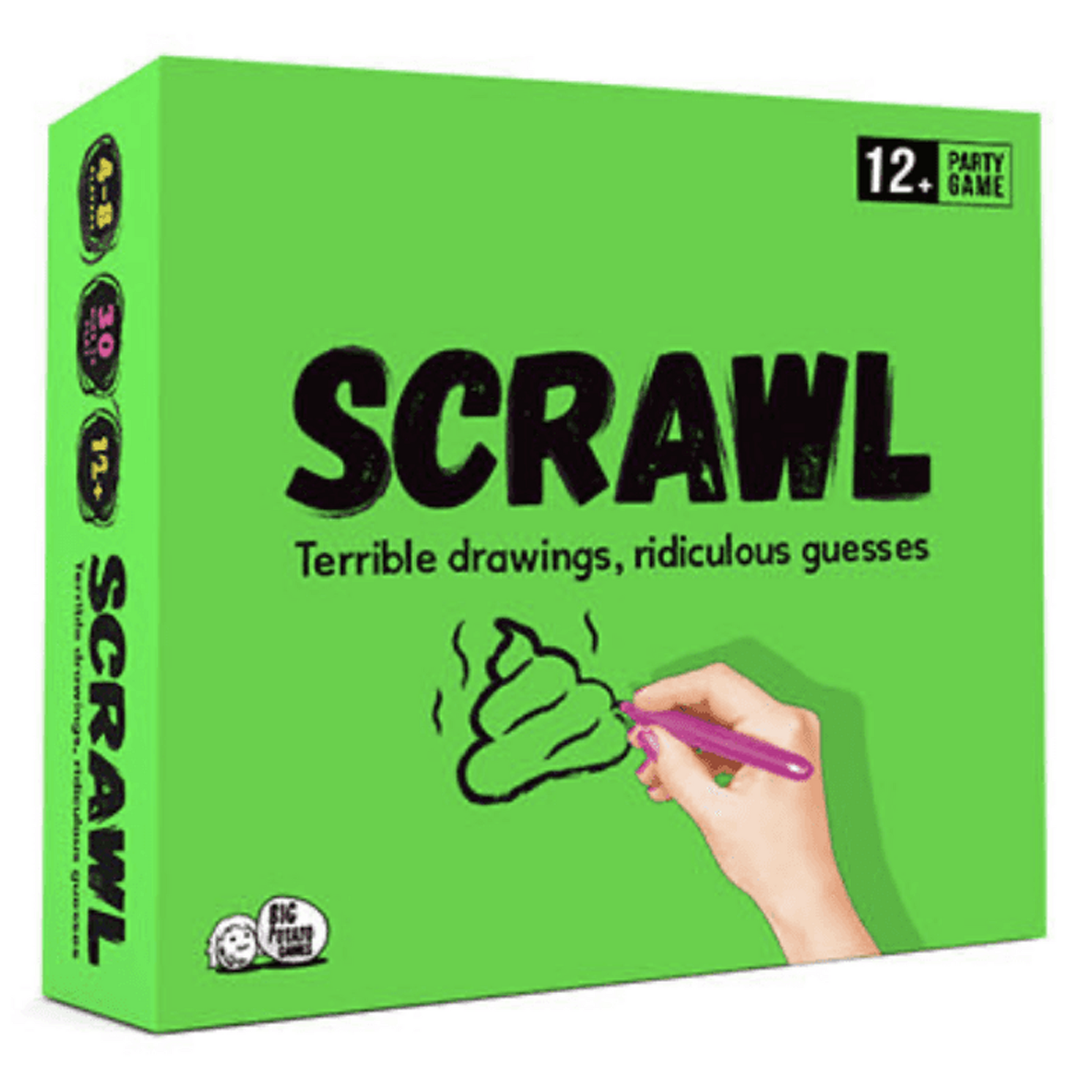 Scrawl: Drawing Board Game (Front of Box) | Happy Piranha