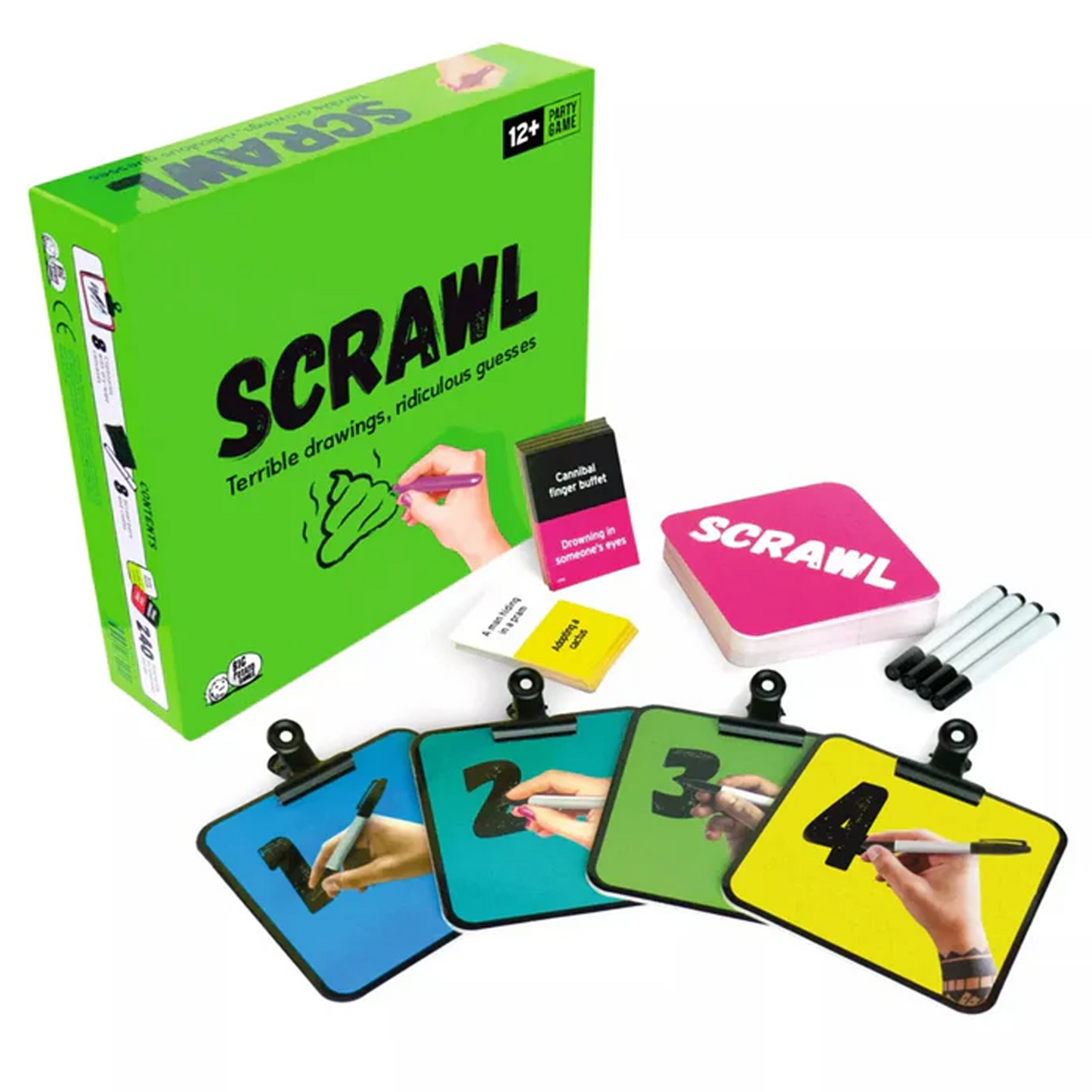 Scrawl: Drawing Board Game (Box and Components on a White Background) | Happy Piranha