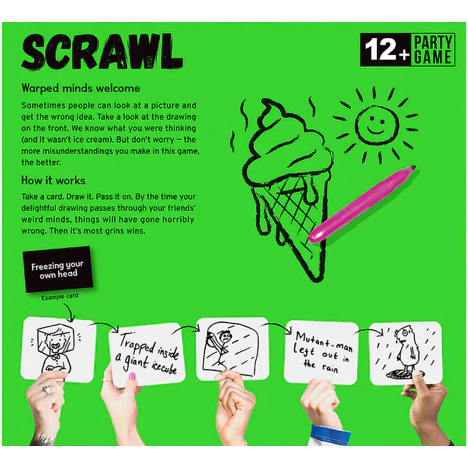 Scrawl: Drawing Board Game (Back of Box) | Happy Piranha
