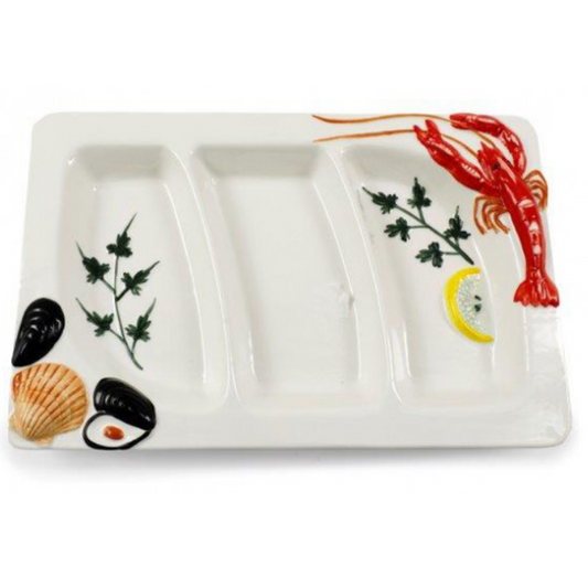 Red Lobster & Mussels 3 Section Ceramic Platter on a White Background | Happy Piranha