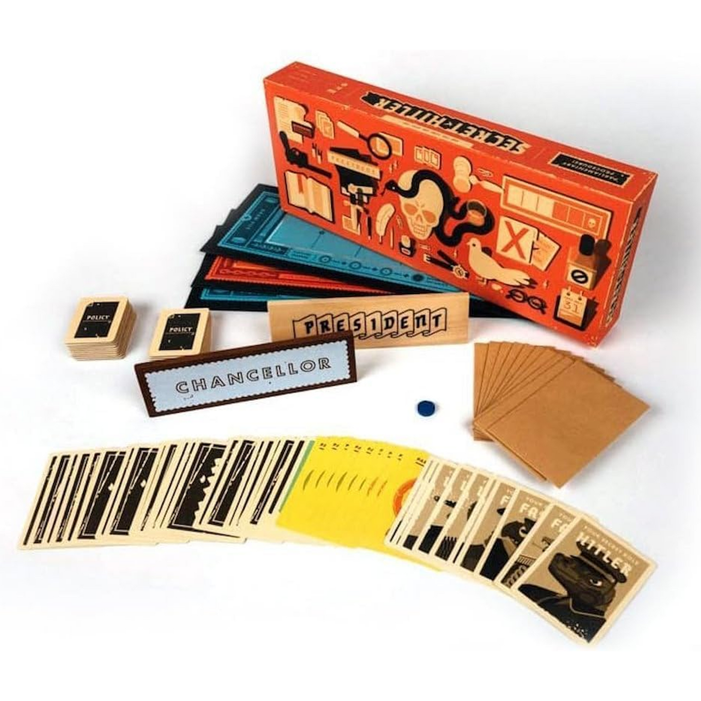 Secret Hitler board Game (Box and Contents Spread Out) on a White Background | Happy Piranha