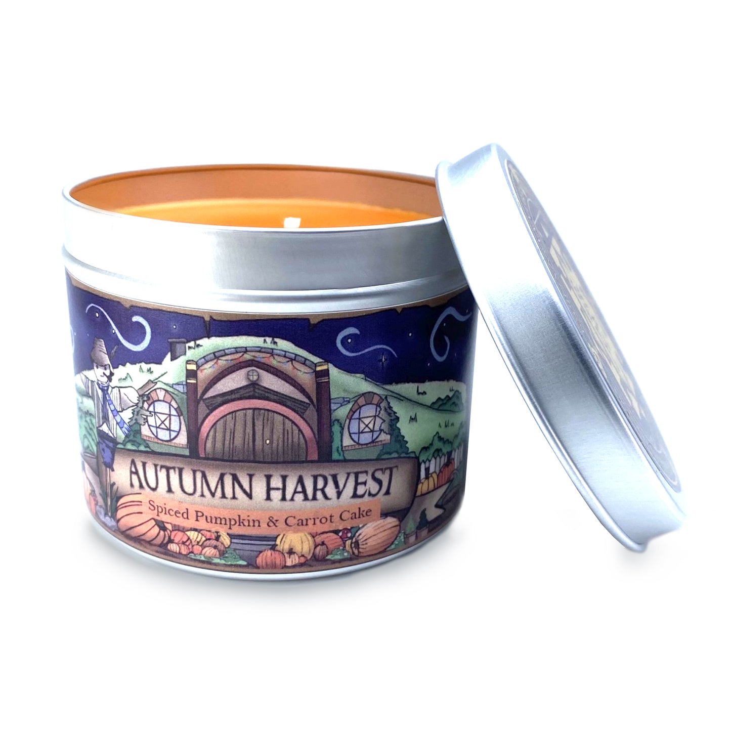 Autumn Harvest Scented Candle With its Lid off and Orange Wax Showing | Happy Piranha