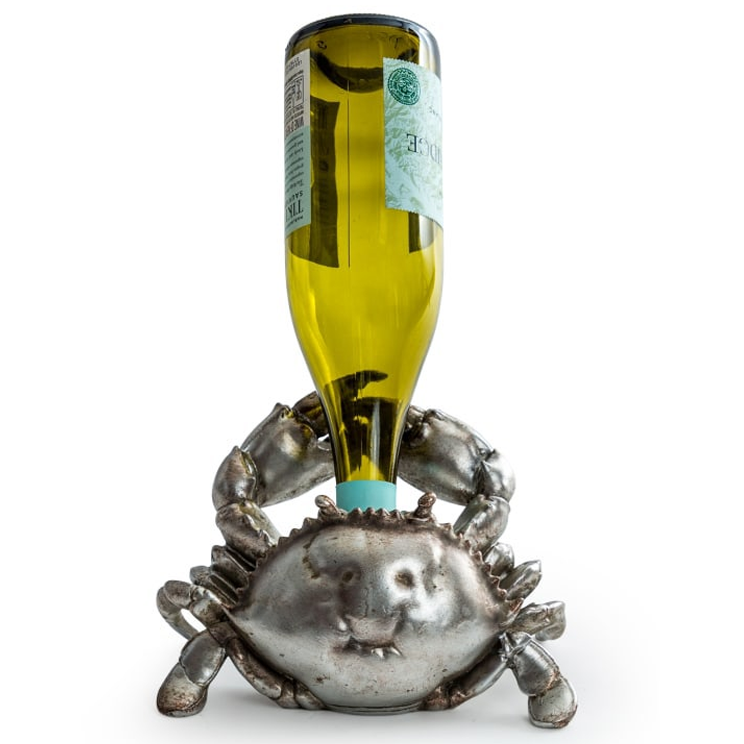 Silver Crab Wine Bottle Holder, Holding a Bottle of Wine on a White Background| Happy Piranha