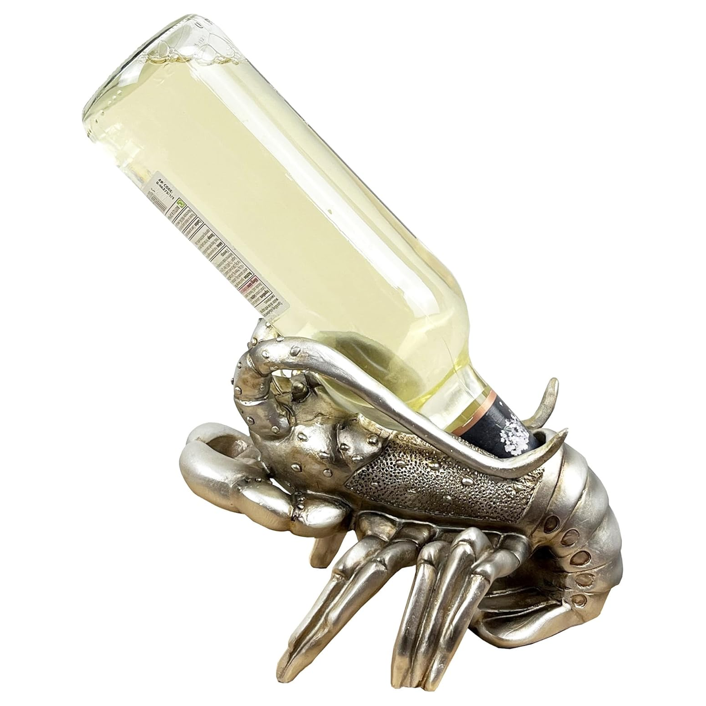 Silver Lobster Wine Bottle Holder Holding a Bottle of White Wine on a White Background | Happy Piranha