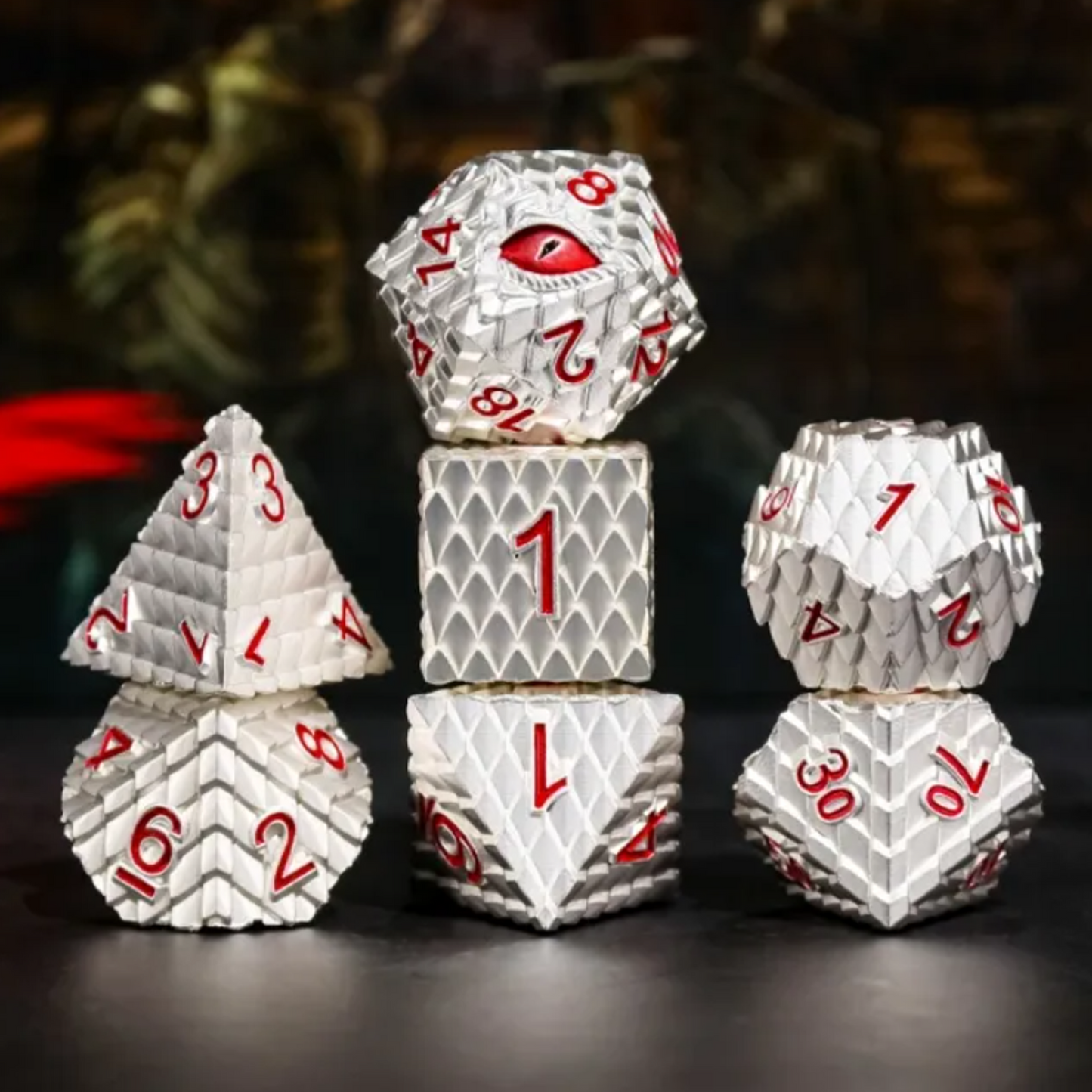 Dragon Scale - Premium Metal Polyhedral D&D Dice Sets (Silver) on a desk | Happy Piranha