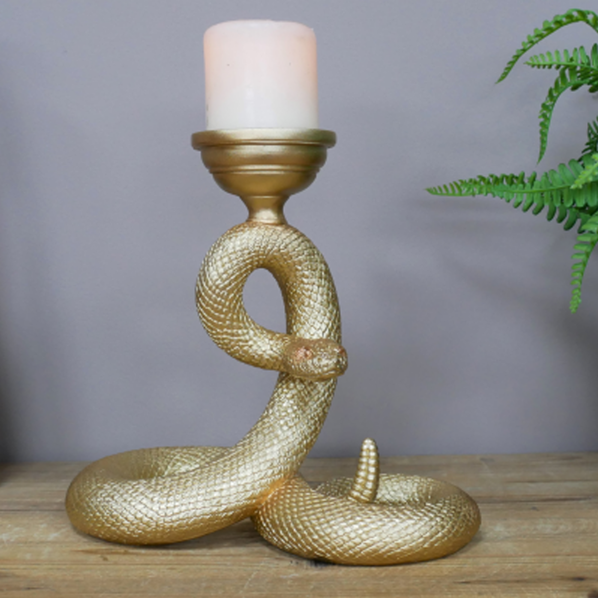 Golden Coiled Rattle Snake Candle Holder (Front) | Happy Piranha