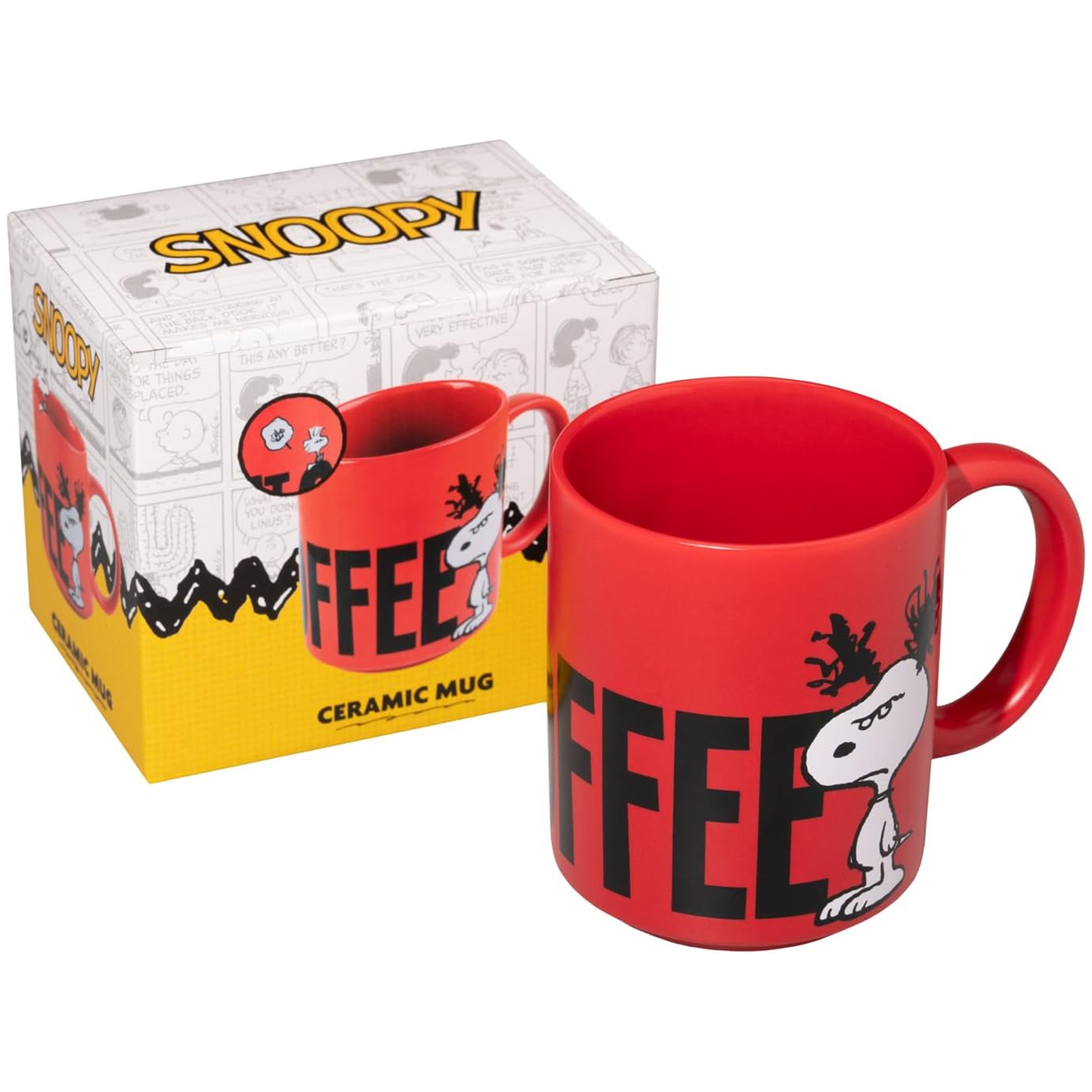 Red ceramic mug with 'Coffee' text and Snoopy design, next to its packaging box | Happy Piranha