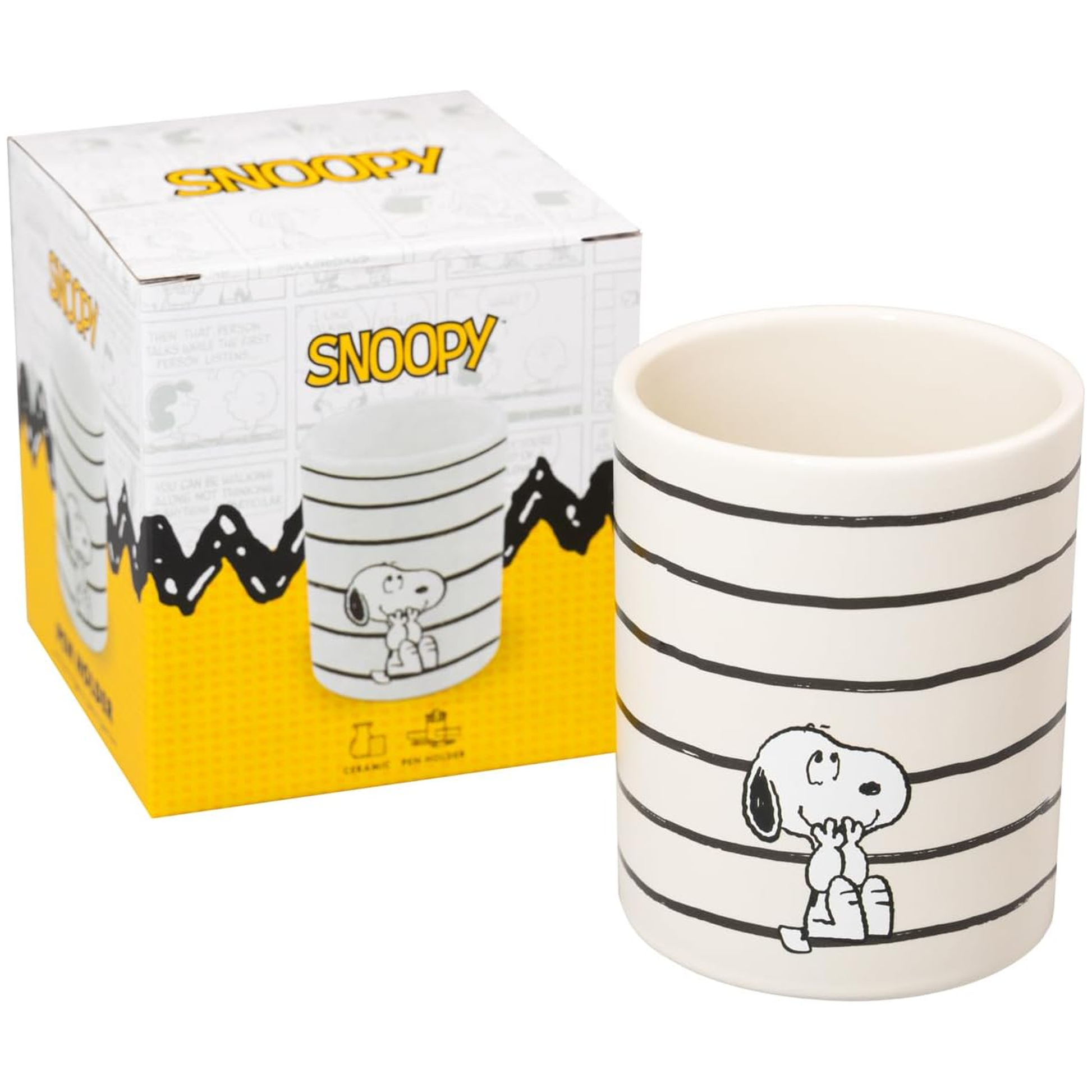 Peanuts: Snoopy & Woodstock Design Pen Holder / Stationary Pot Beside its Packaging on a White Background | Happy Piranha 