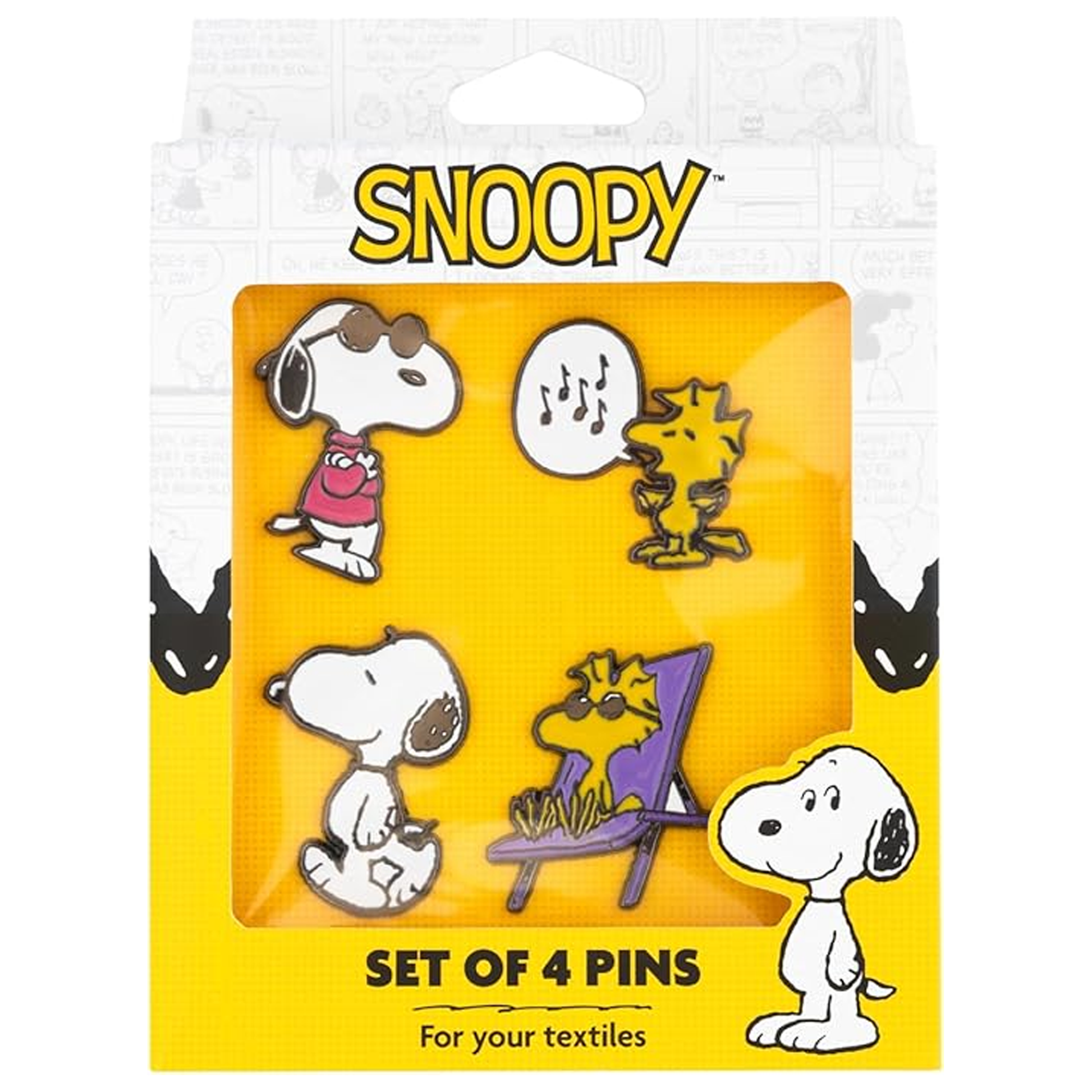 Snoopy & Woodstock Enamelled Peanuts Pin Badge 4 Box Set in their Colourful Cardboard Packaging | Happy Piranha