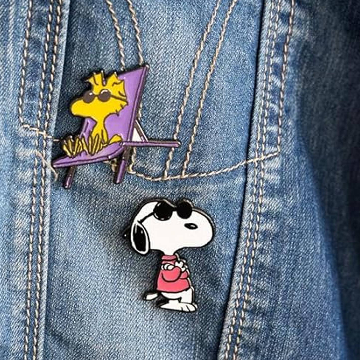 Snoopy & Woodstock Enamelled Peanuts Pin Badges on a Denim Jacket | Happy Piranha