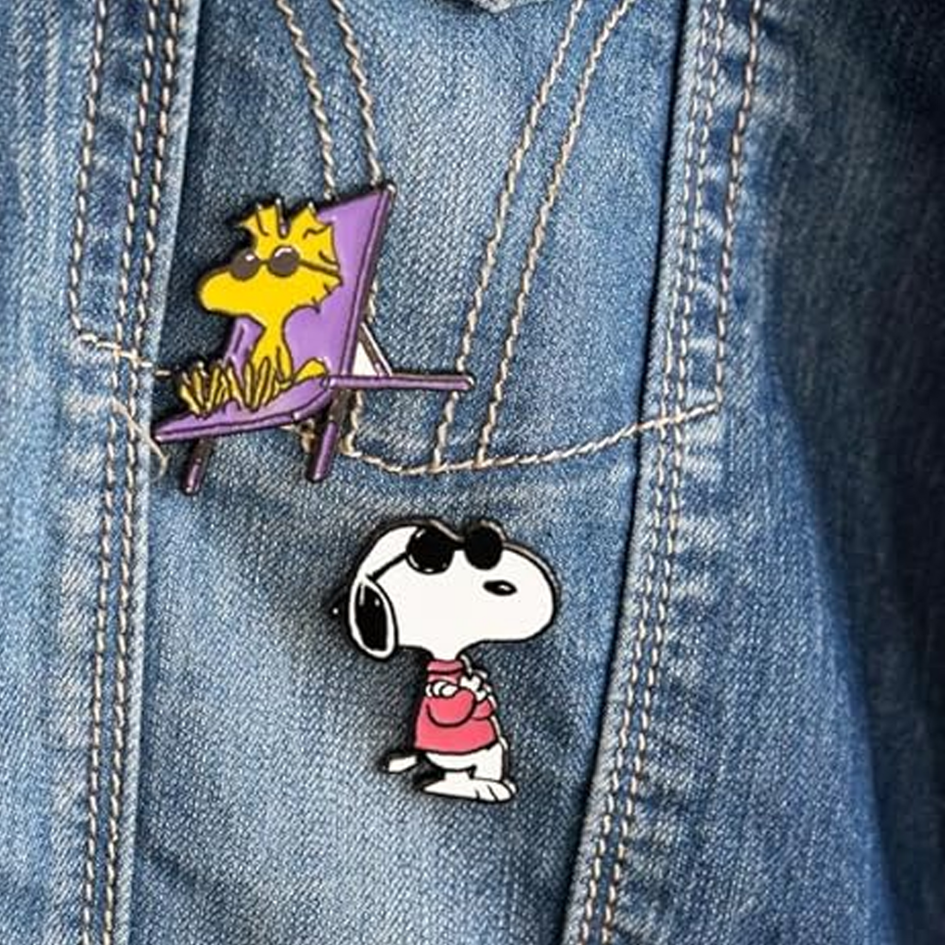 Peanuts Snoopy & Woodstock Enamelled Pin Badge 4 Set (on a Denim Jacket) | Happy Piranha