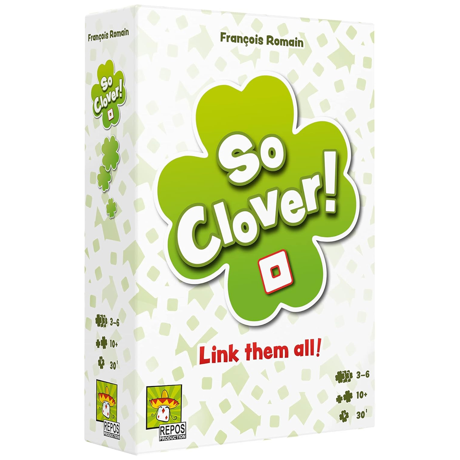 So Clover! A Cooperative Word-Association Board Game (Front of Box) on a White Background | Happy Piranha