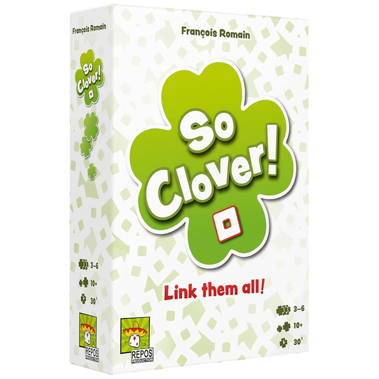 So Clover! A Cooperative Word-Association Board Game (Front of Box) on a White Background | Happy Piranha