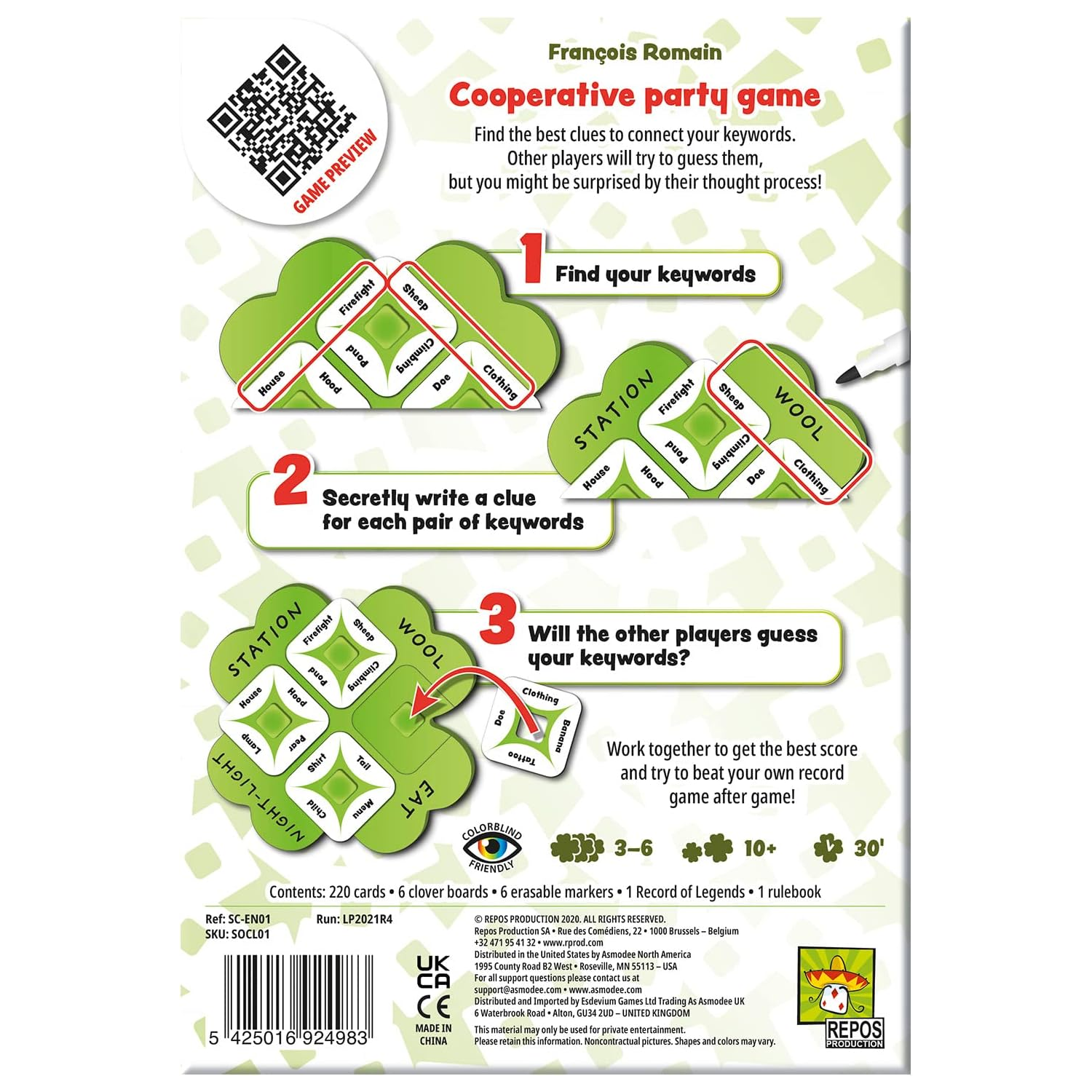So Clover! A Cooperative Word-Association Board Game (Back of Box) on a White Background | Happy Piranha