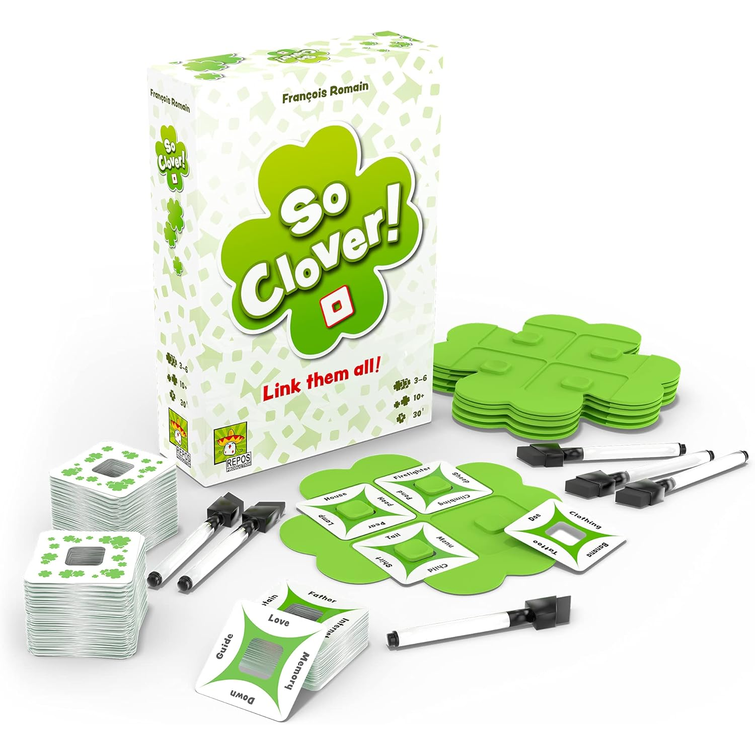 So Clover! A Cooperative Word-Association Board Game Box and Contents on a White Background | Happy Piranha