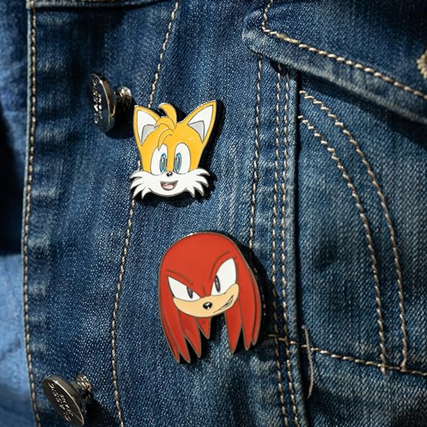 Sonic the Hedgehog Sega Enamelled Pin Badge 4 Set (on a Denim Jacket) | Happy Piranha