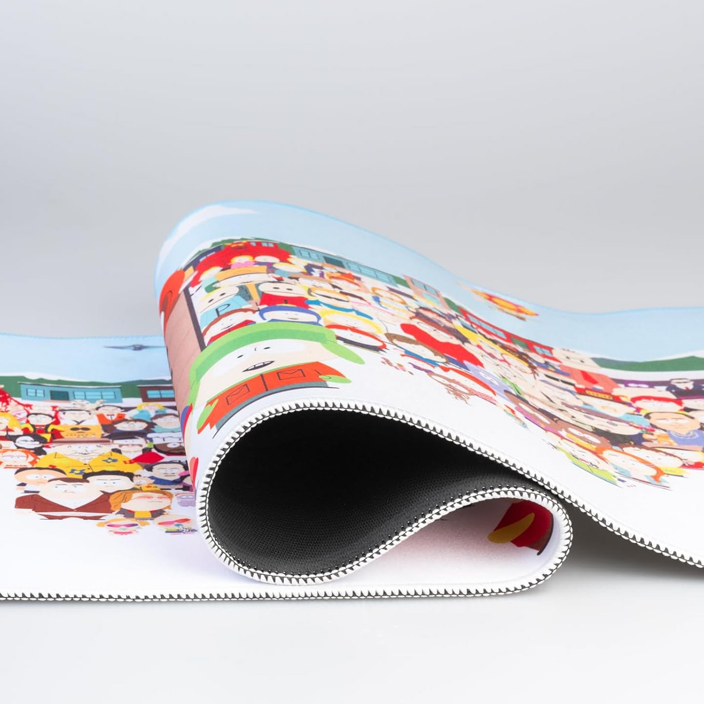 South Park XXL 31.5 Inch Gaming Mouse Pad & Keyboard Mat Showing the Stitched Edges Close Up | Happy Piranha