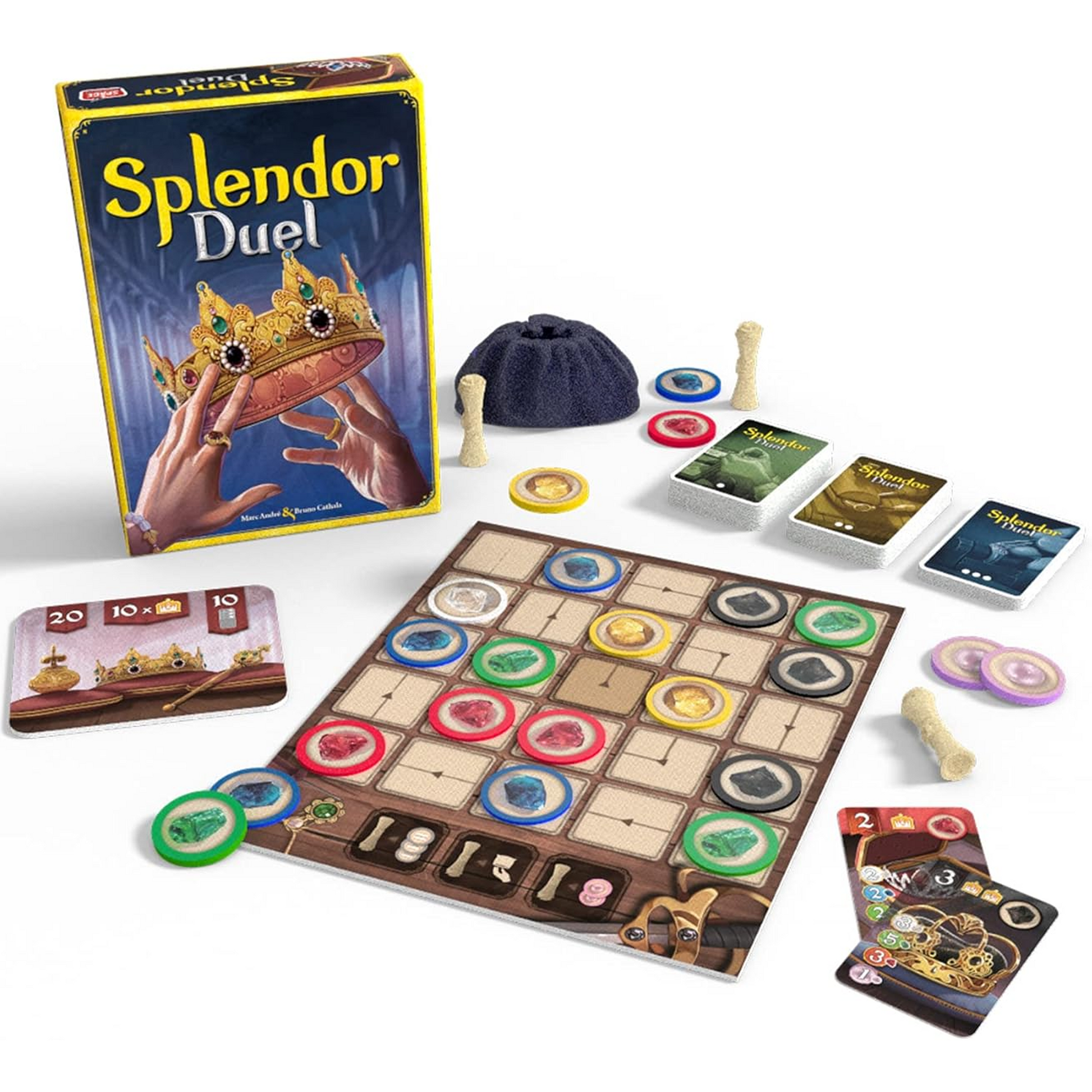 Splendor Duel Board Game Box and Components on a White Background | Happy Piranha