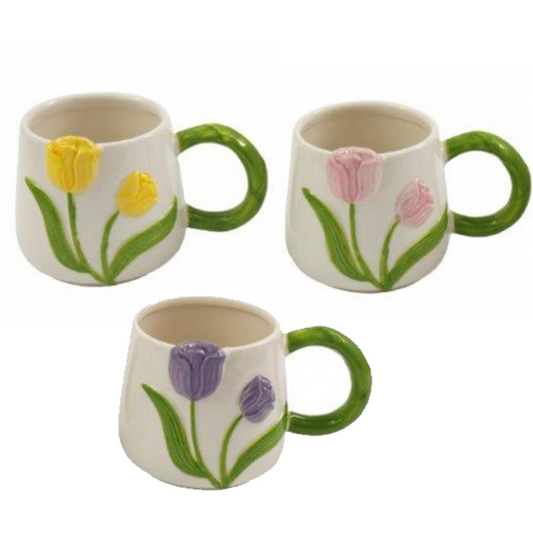 Spring Flower Tulips Design Ceramic Mug (All 3 Colour Variations) on a White Background | Happy Piranha