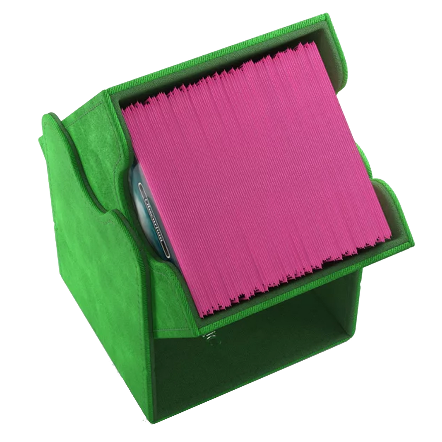 Gamegenic Squire 100+ XL Convertible Deck Box: Green Tilted With Cards Inside and Lid Removed | Happy Piranha