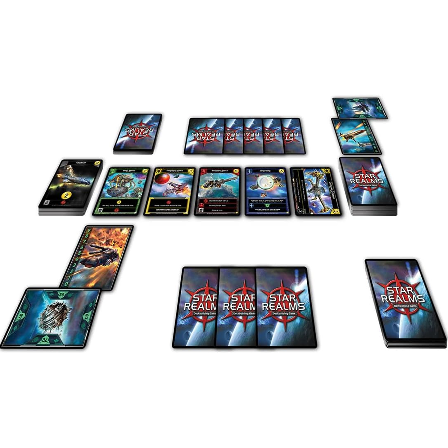 Star Realms: A 2 Player Deck Building Card Game (Gameplay Example with Cards Laid Out on a White Table) | Happy Piranha