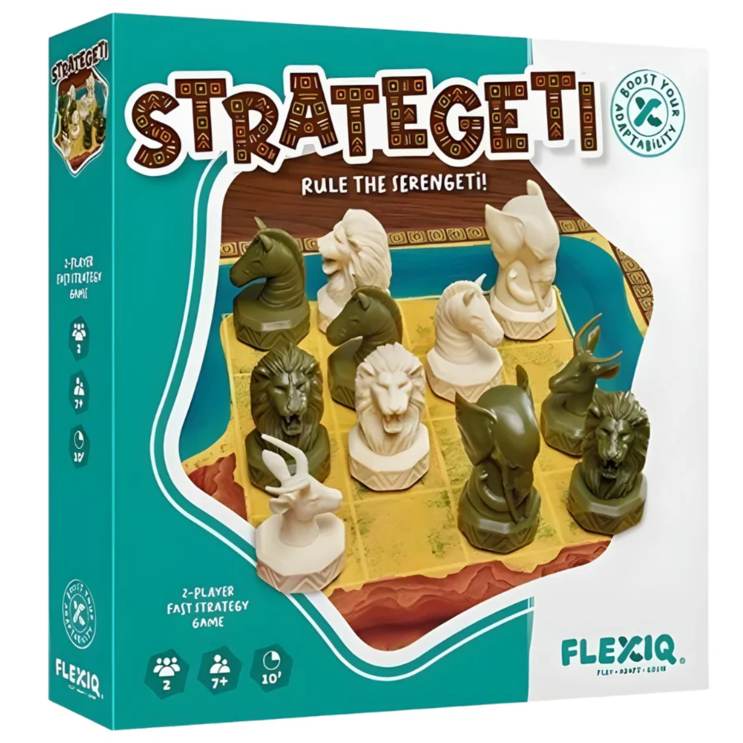 Strategeti Board Game (Front of Box) On a White Background | Happy Piranha