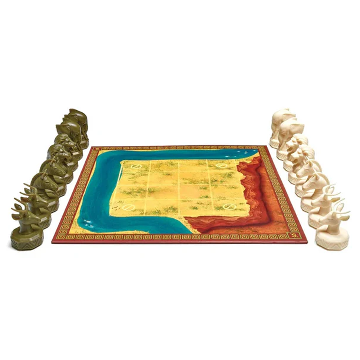 Strategeti Board Game (Components Lined Up By the Game Board) On a White Background | Happy Piranha