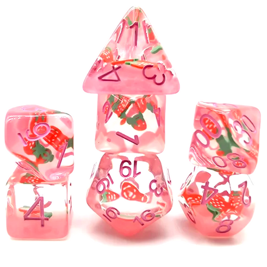 Strawberry Slice Dice - Mini 3D Fruit Filled Polyhedral Dice Set in a Stack on a White Background | Happy Piranha