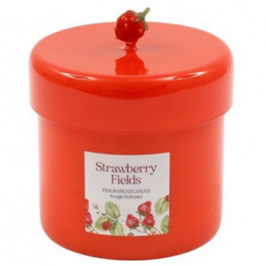 Strawberry Fields: Strawberry Design Glass Jar Scented Candle on a White Background | Happy Piranha
