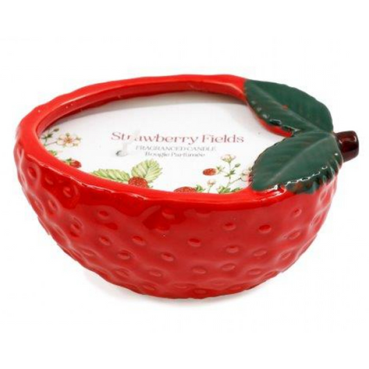 Strawberry Fields: Strawberry Shaped Ceramic Bowl Scented Candle on a White Background | Happy Piranha