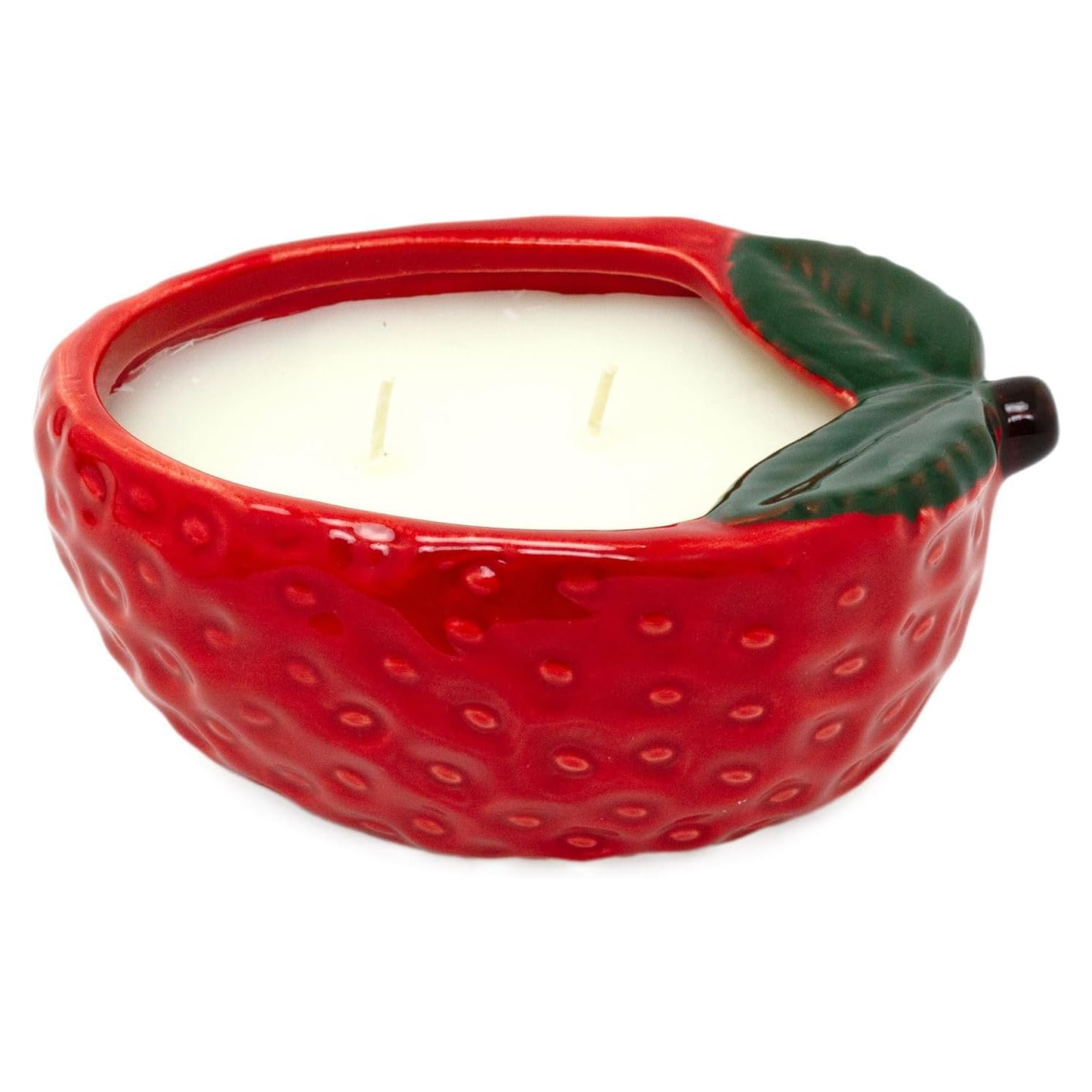 Strawberry Fields: Strawberry Shaped Ceramic Bowl Scented Candle With the Cover Remove and Wick Showing on a White Background | Happy Piranha