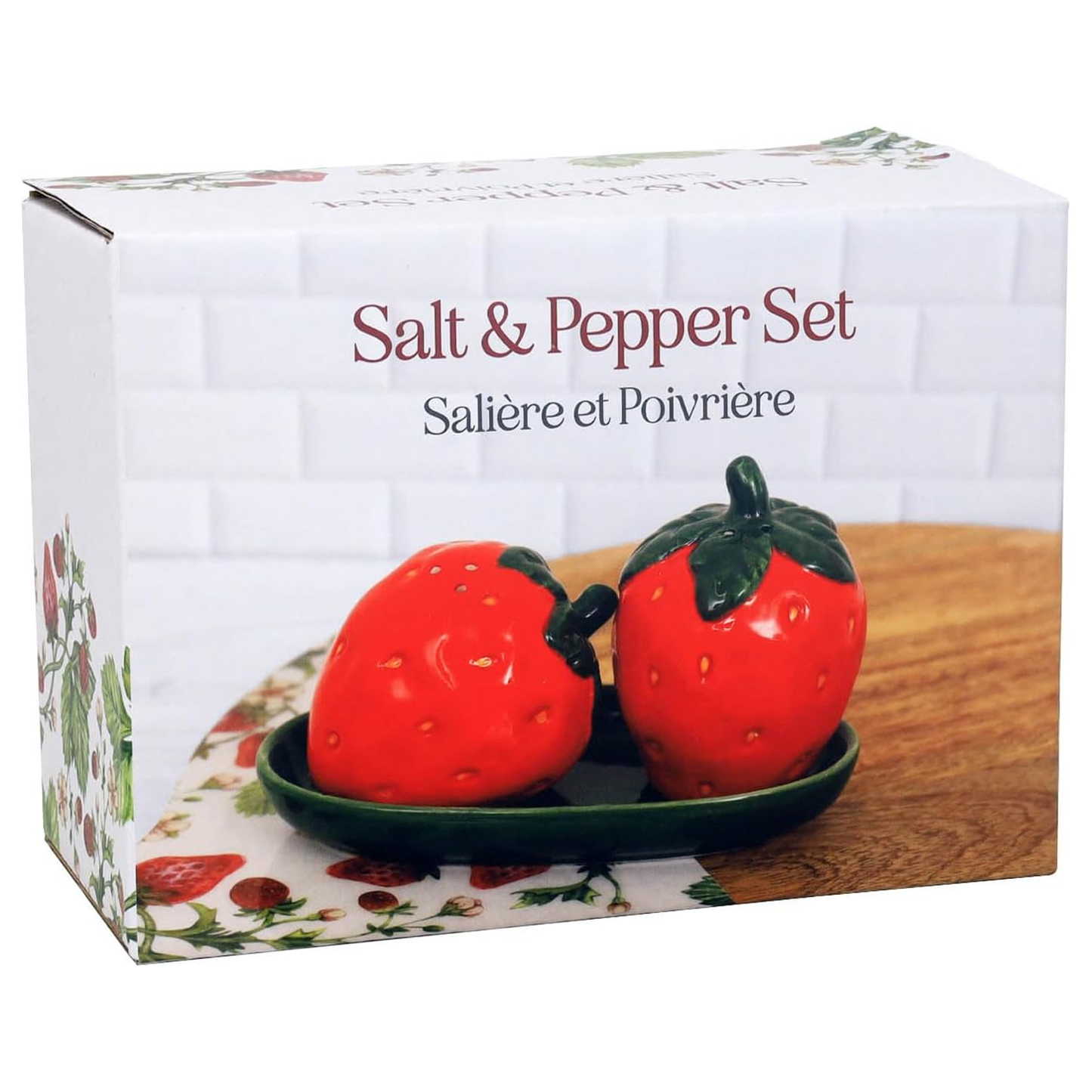 Strawberry Pair Ceramic Salt & Pepper Shaker Set in Its Cardboard Packaging on a White Background | Happy Piranha