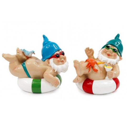 Rubber Swim Ring Garden Gnome Ornament (Both Designs) On a White Background | Happy Piranha