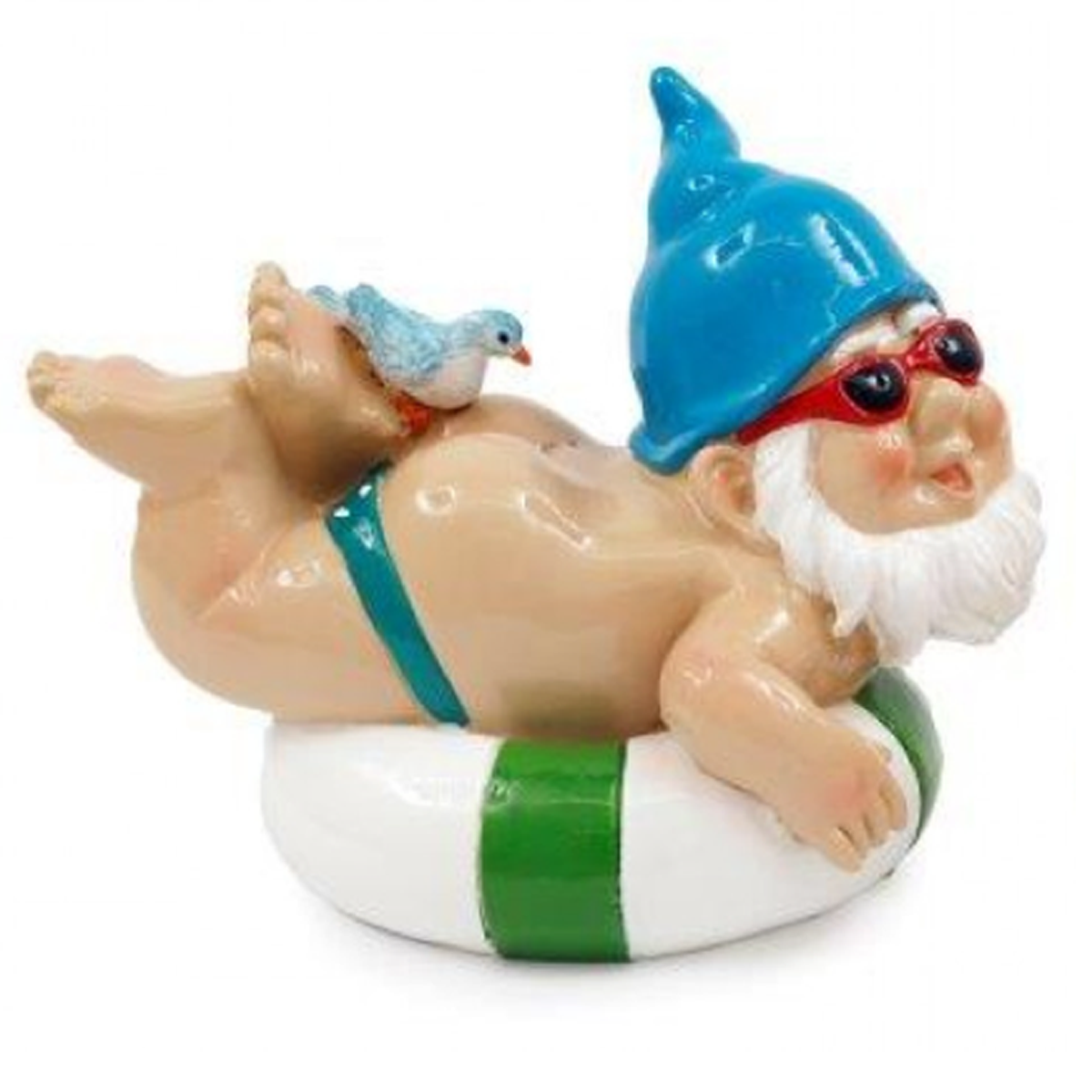Rubber Swim Ring Garden Gnome Ornament (Green Ring Design) On a White Background | Happy Piranha