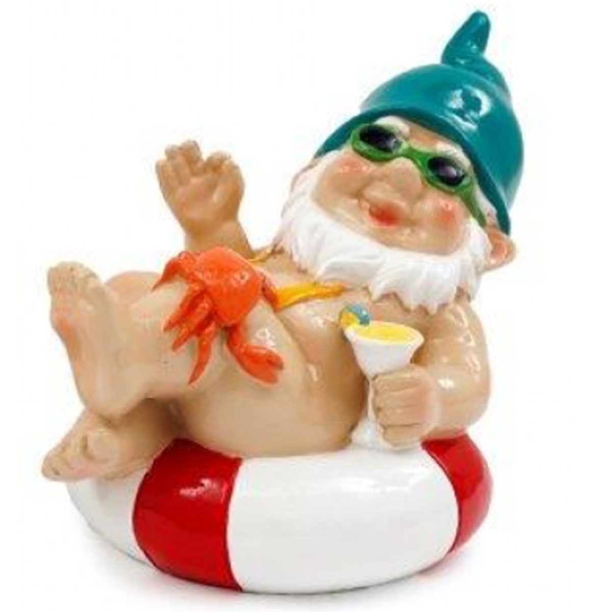 Rubber Swim Ring Garden Gnome Ornament (Red Ring Design) On a White Background | Happy Piranha