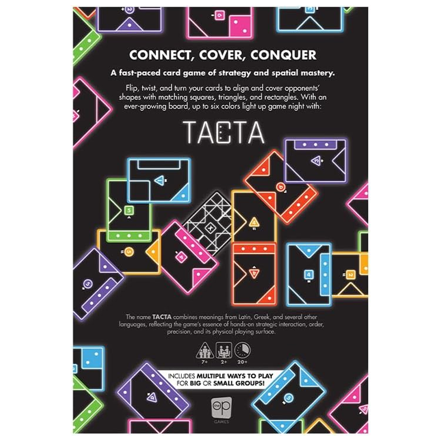 Tacta: Connect, Cover, Conquer Card Game (Back of Box) on a White Background | Happy Piranha