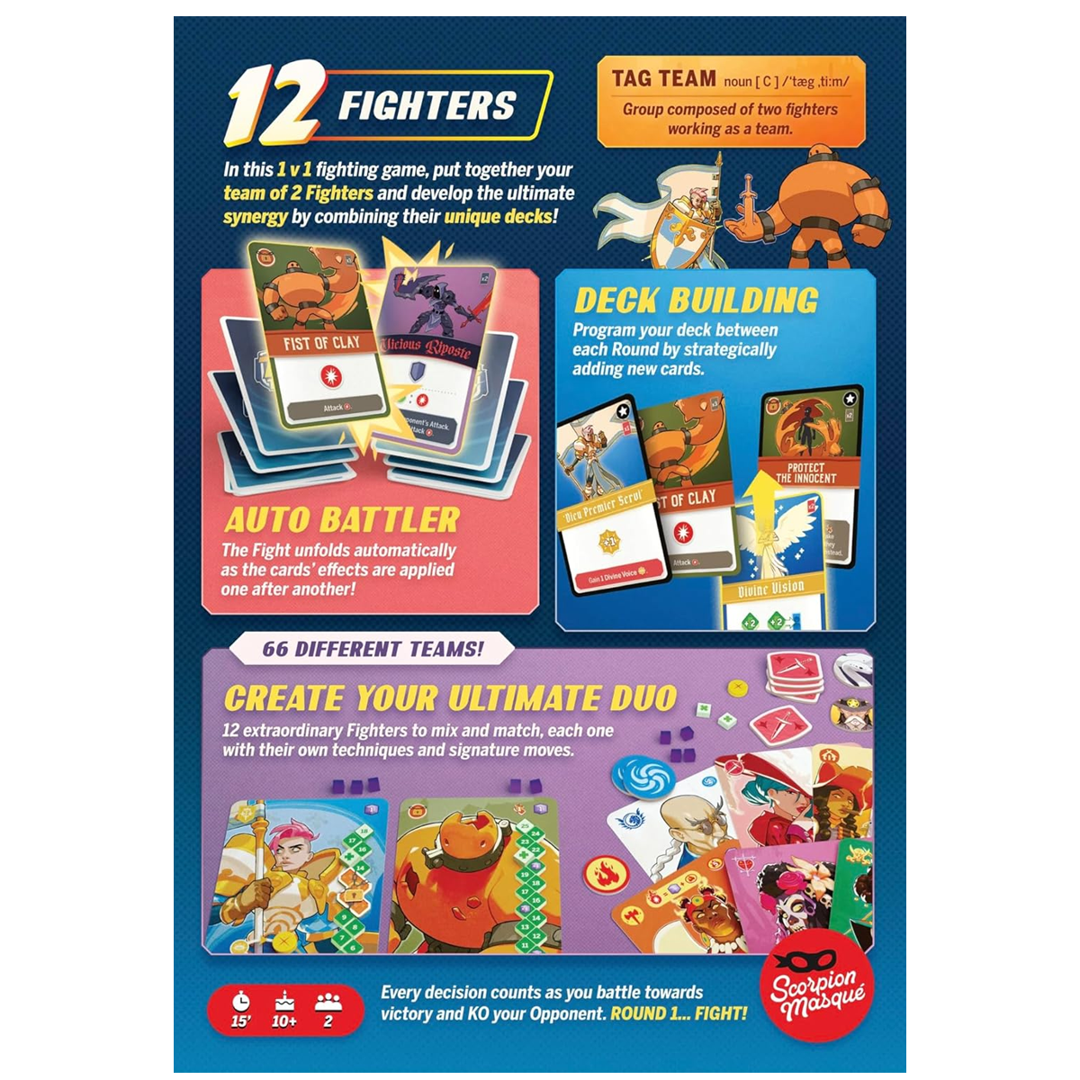 Tag Team: A Deck Building Card Game (Back of Box) on a White Background | Happy Piranha