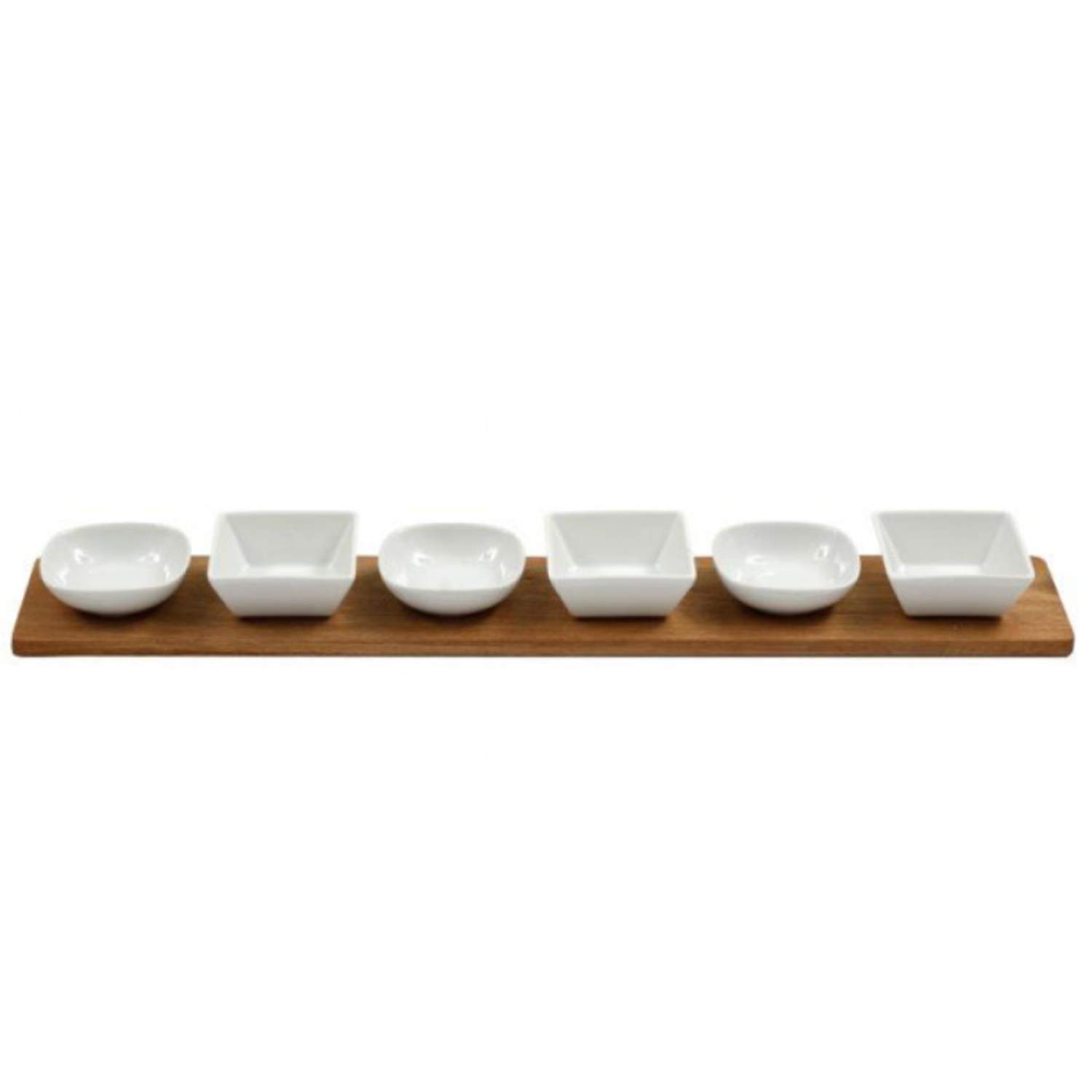 6 Set Ceramic Tapas Dishes With Acacia Wood Tray on a White Background | Happy Piranha