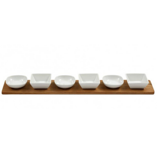 6 Set Ceramic Tapas Dishes With Acacia Wood Tray on a White Background | Happy Piranha